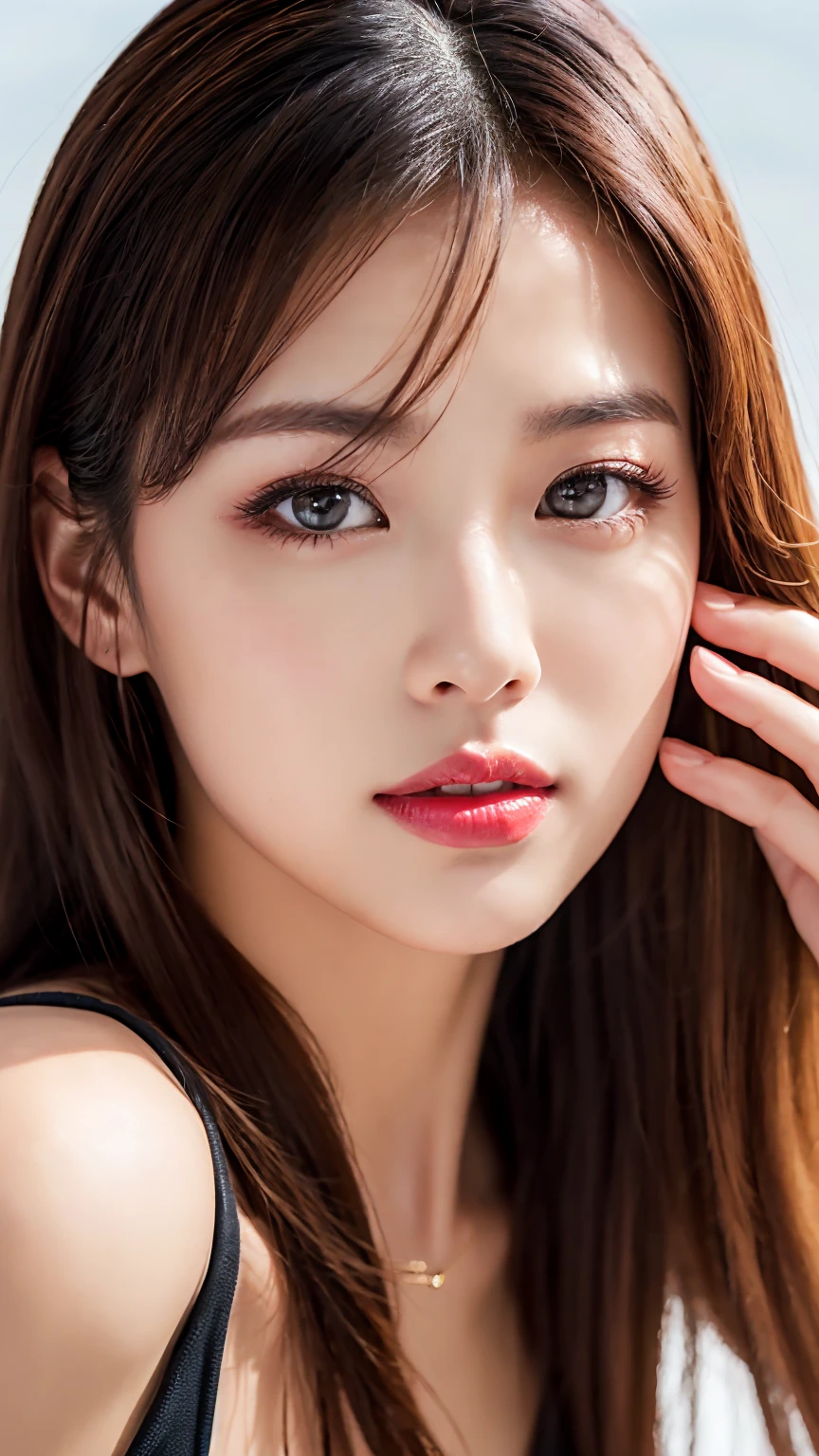 比類のないmasterpiece, Ultra-realistic 8K CG, Perfect artwork, ((Image of a perfect woman)), Mature Woman, Tight waist, charm, clean, Beautiful Face, {Very delicate and beautiful girl} , 8k wallpaper, {{{masterpiece}} }, 1 Girl, blonde, blue eyes, American Drama「Charlie's Angels」、Long Hair,  Red lips,double eyelid、I&#39;Apply mascara、 alone,  (Shiny skin),photo shoot on the beach、Wearing a red bikini、Pose like a model、The sea of Shikanoshima、