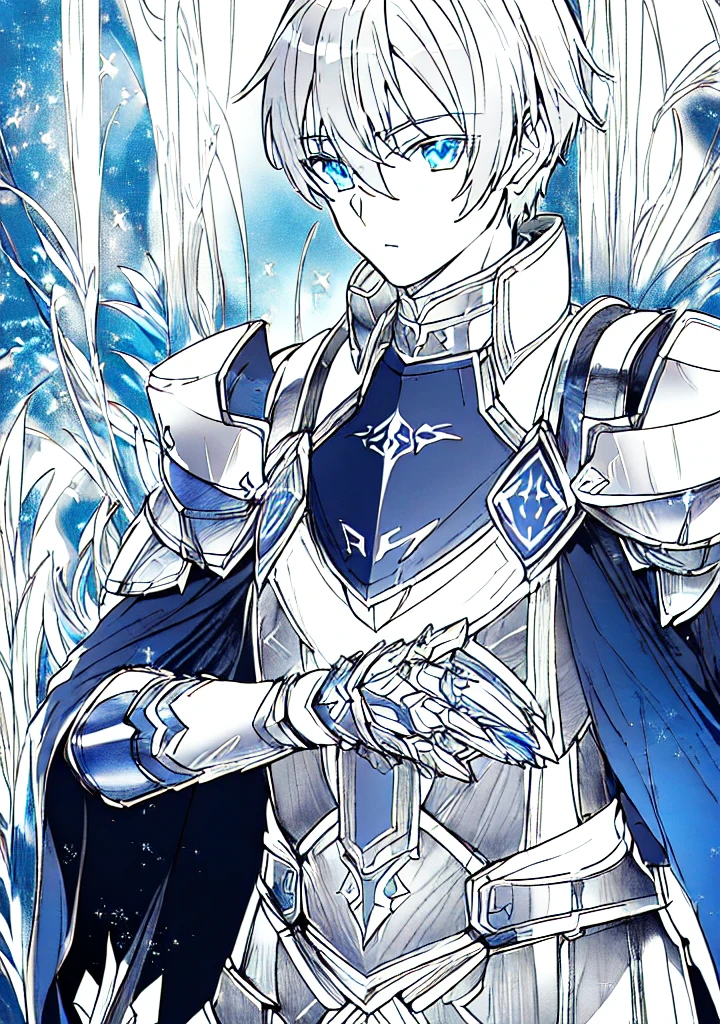 blue and ice silver color armor, wearing shining armor, masterpiece, 4k, eugeo (sword art online), 1 boy, knight, black and white, lineart, manga, sketch art, looking at viewer