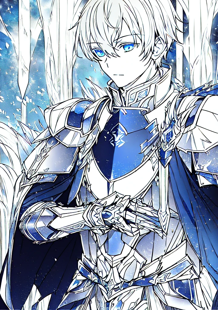 blue and ice silver color armor, wearing shining armor, masterpiece, 4k, eugeo (sword art online), 1 boy, knight, black and white, lineart, manga, sketch art, looking at viewer