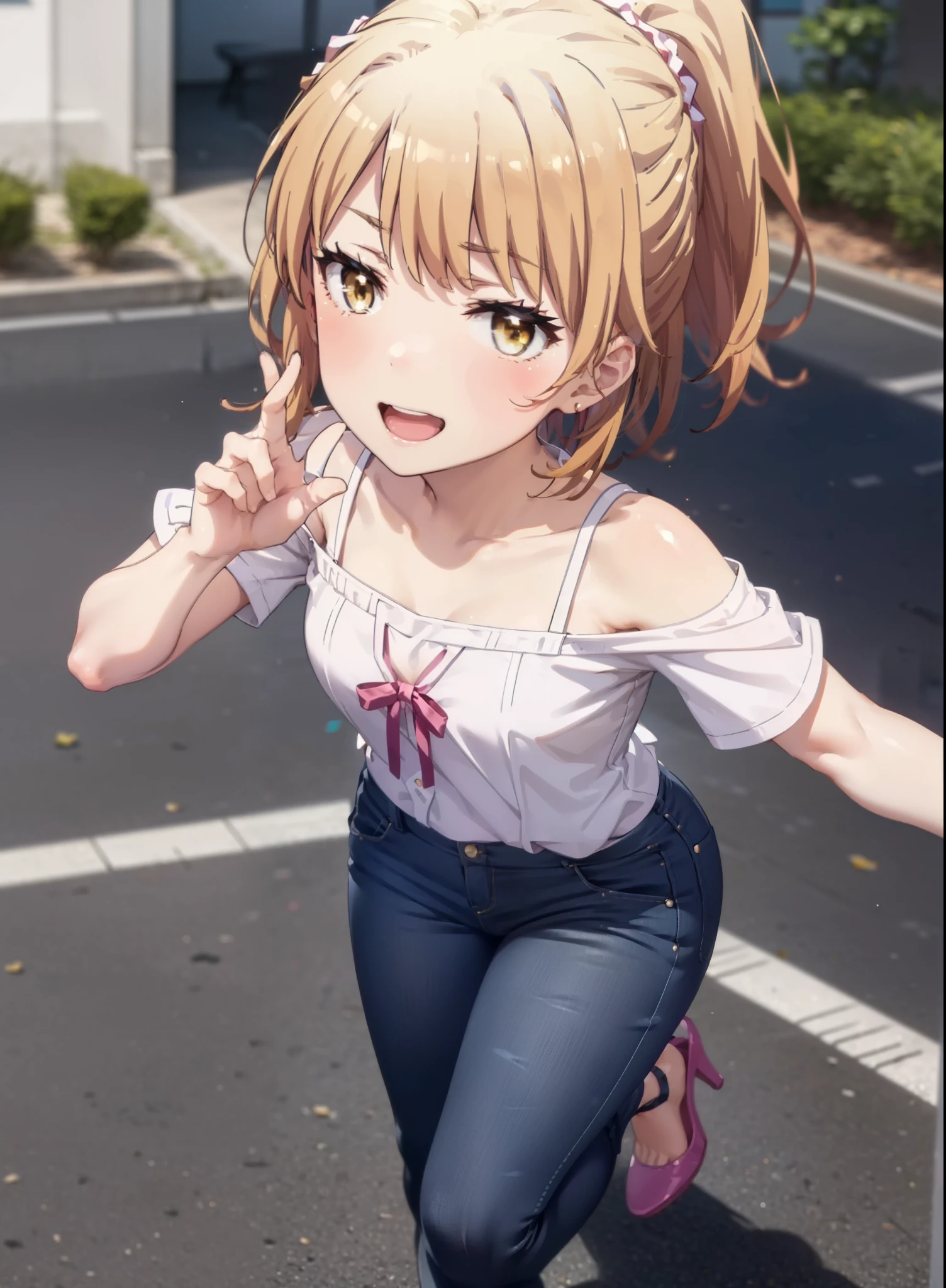 Irohaisshiki, isshiki iroha, Short Hair, Brown Hair, (Brown eyes:1.5), blush,ponytail,Squint both eyes,blush,
happy smile, smile, Open your mouth,Cold Shoulder Shirt,Short sleeve skinny jeans,Stiletto heels,Daytime,Clear skies,Are standing,Put your right hand on your hip,whole bodyがイラストに入るように,Looking up from bottom to top,
break outdoors, School,courtyard,
break looking at viewer,whole body,
break (masterpiece:1.2), Highest quality, High resolution, unity 8k wallpaper, (figure:0.8), (Beautiful attention to detail:1.6), Highly detailed face, Perfect lighting, Highly detailed CG, (Perfect hands, Perfect Anatomy),