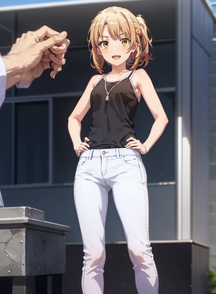 Irohaisshiki, isshiki iroha, Short Hair, Brown Hair, (Brown eyes:1.5), blush,ponytail,Squint both eyes,blush,Black-rimmed glasses,
happy smile, smile, Open your mouth,Cold Shoulder Shirt,Short sleeve skinny jeans,Stiletto heels,Daytime,Clear skies,Are standing,Put your right hand on your hip,whole bodyがイラストに入るように,Looking up from bottom to top,
break outdoors, School,courtyard,
break looking at viewer,whole body,
break (masterpiece:1.2), Highest quality, High resolution, unity 8k wallpaper, (figure:0.8), (Beautiful attention to detail:1.6), Highly detailed face, Perfect lighting, Highly detailed CG, (Perfect hands, Perfect Anatomy),
