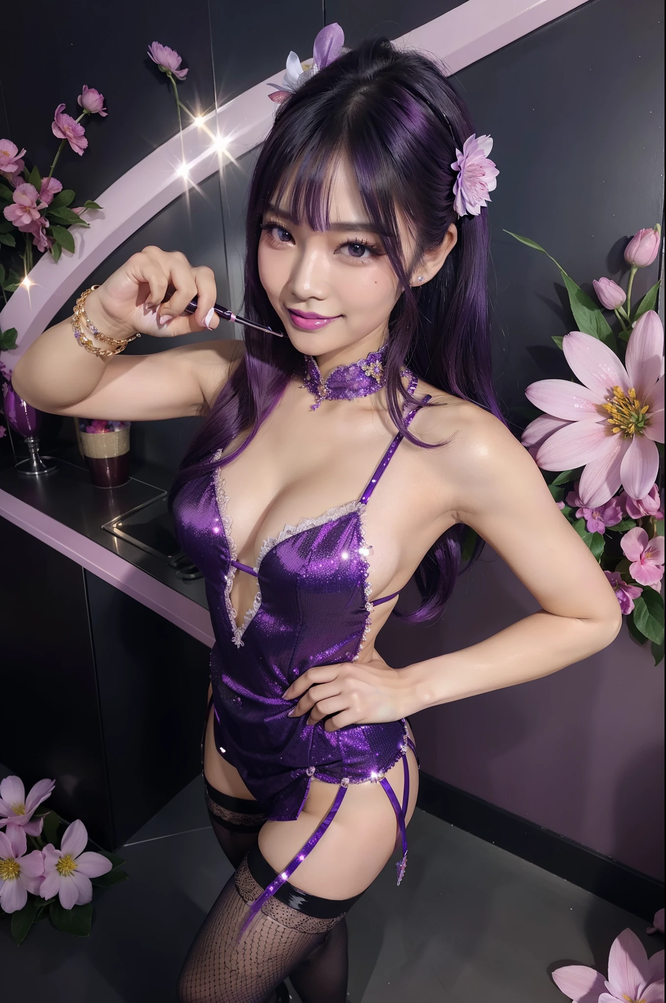 sexy Thai model who controls poison、happy smile、lipgloss、intense makeup、look at the camera、full body Esbian、、sparkling poisoned flower costume (purple)、、、、shiny sparkling multicolor hair、secrete poison、skull hair accessories、fishnet tights、shiny sparkling flowers background