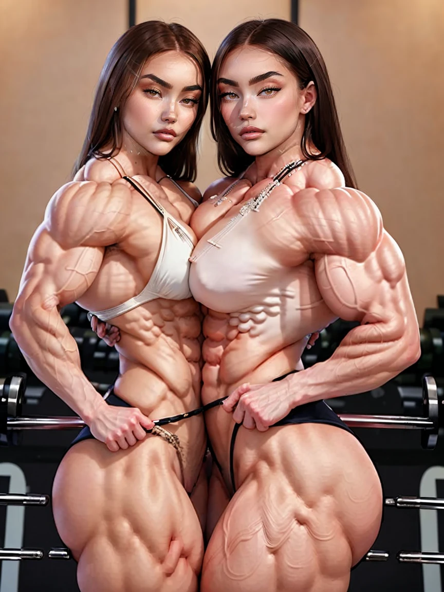 (2 girls body builders:1.6), ((masterpiece)), best quality, ultra-detailed:1.7, finely detail, high resolution:1.6, perfect dynamic composition, beautiful detailed faces:1.77, blonde babes:1.88, perfect red lipstick, perfect makeup:1.8, short denim bikini , large breasts:1.4, lovely look:1.7, gorgeous face:1.6, defined muscles:1.4, beautiful faces:1.8, alessandra ambrossio, izabel goulart, Kate Upton, Gigi Hadid, candice swanpoel ,popped out dense veins on muscles:1.8, hyper detailed picture:1.4, 8k resolution: 1.7, flex muscles:1.3, hyper muscular body shape:1.42, photorealistic:1.5, realistic:1.6, face masterpiece:1.74, good and professional lighting on picture:1.38, Ukrainian-Moroccan muscle beauty goddess, masterpiece 22 years old Ariana Grande and  Jennifer Lopez as bodybuilders, extremely high resolution, hyper feminine beauty , hyper realistic texture , extra large , hyper muscularity, hyper vascularity, ass of titanium, muscles of steel, ripped body shape, ripped sexy ass with bikini, muscular ass , topless, kissing, good face details, hyper face detailing, doing sex, super romantic moment, hyper romantic, romantic kiss, nude females, perfect symmetrical face, sexy french kiss with tongues, serious muscle posing, exaggerated muscular body, extremely shredded, flexing and posing muscles as bodybuilder, exaggerated veins on biceps
