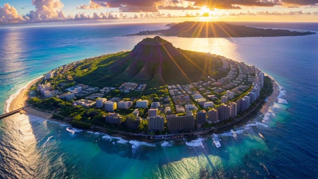 View only、Hawaii、rainbow、空にrainbowがかかっている、Spectacular views、sunset、Diamond Head、Hibiscus、Waikiki Beach、Realistic、High definition