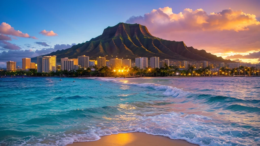 View only、Hawaii、rainbow、空にrainbowがかかっている、Spectacular views、sunset、Diamond Head、Hibiscus、Waikiki Beach、Realistic、High definition