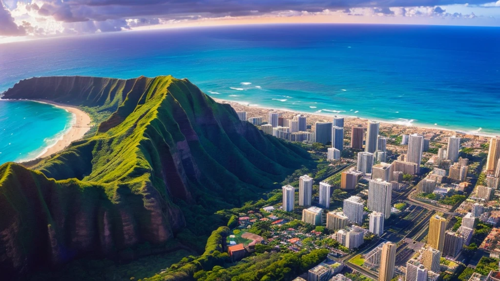 View only、Hawaii、rainbow、空にrainbowがかかっている、Spectacular views、sunset、Diamond Head、Hibiscus、Waikiki Beach、Realistic、High definition
