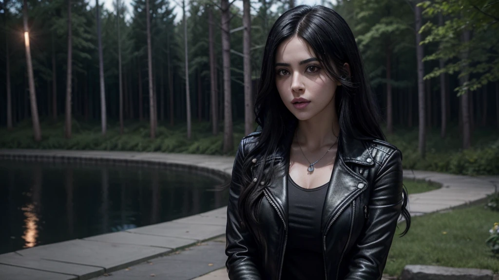 Isabelle Lightwood(Emeraude Toubia) is a beautiful, slender and attractive woman, with long black wavy hair, dark brown eyes, a black leather jacket, a black low-cut t-shirt, black leather pants, a red rectangular pendant, and a silver spiral bracelet, New York background in the moonlight with some trees and flowers and a lake fireworks