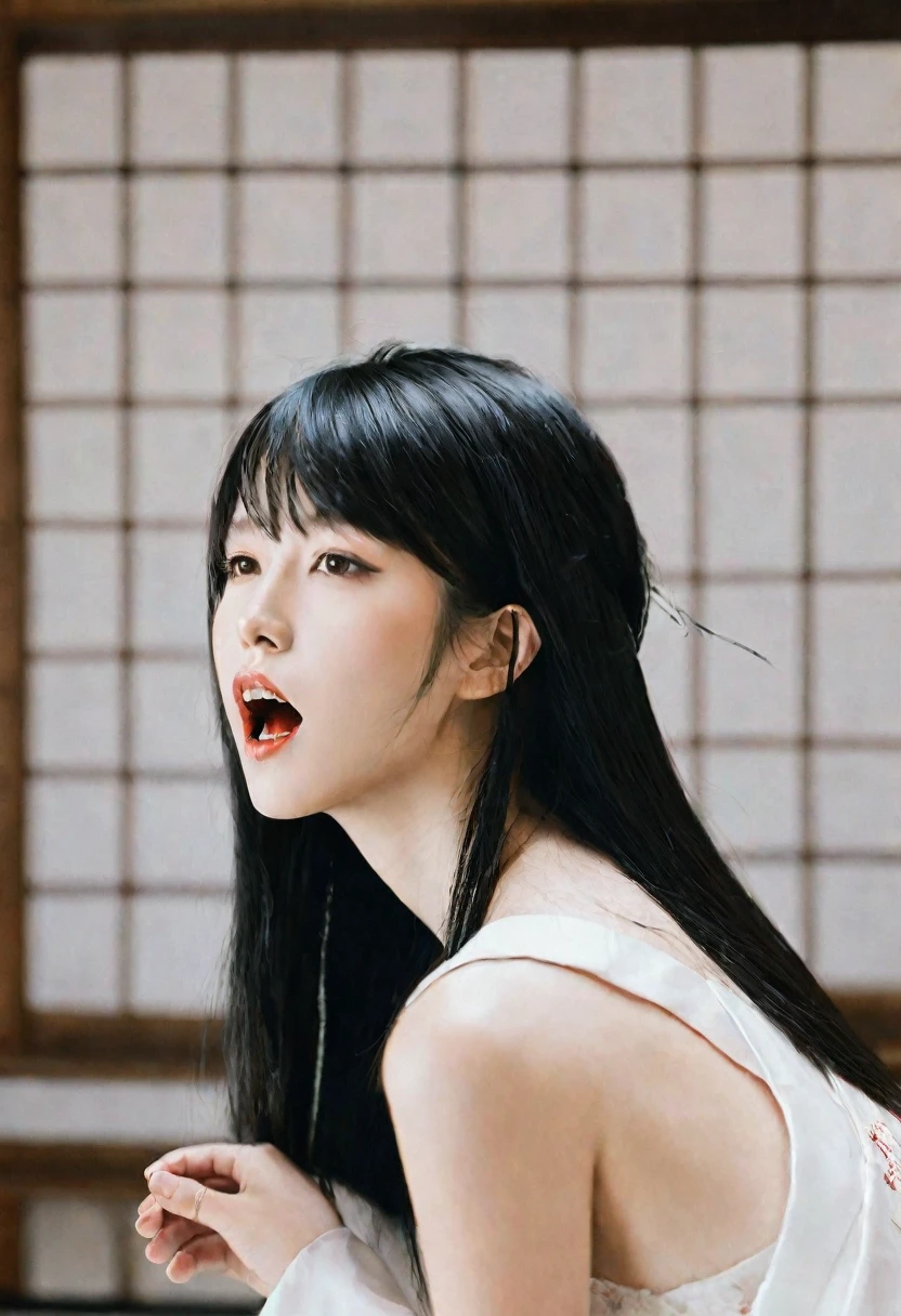 Apparition,Girl, Two women,Mouth on the back of the head,One person,Lips on head, Hair in the shape of a mouth,Mouth on head,Beauty,Realistic Women, lovely,Japanese