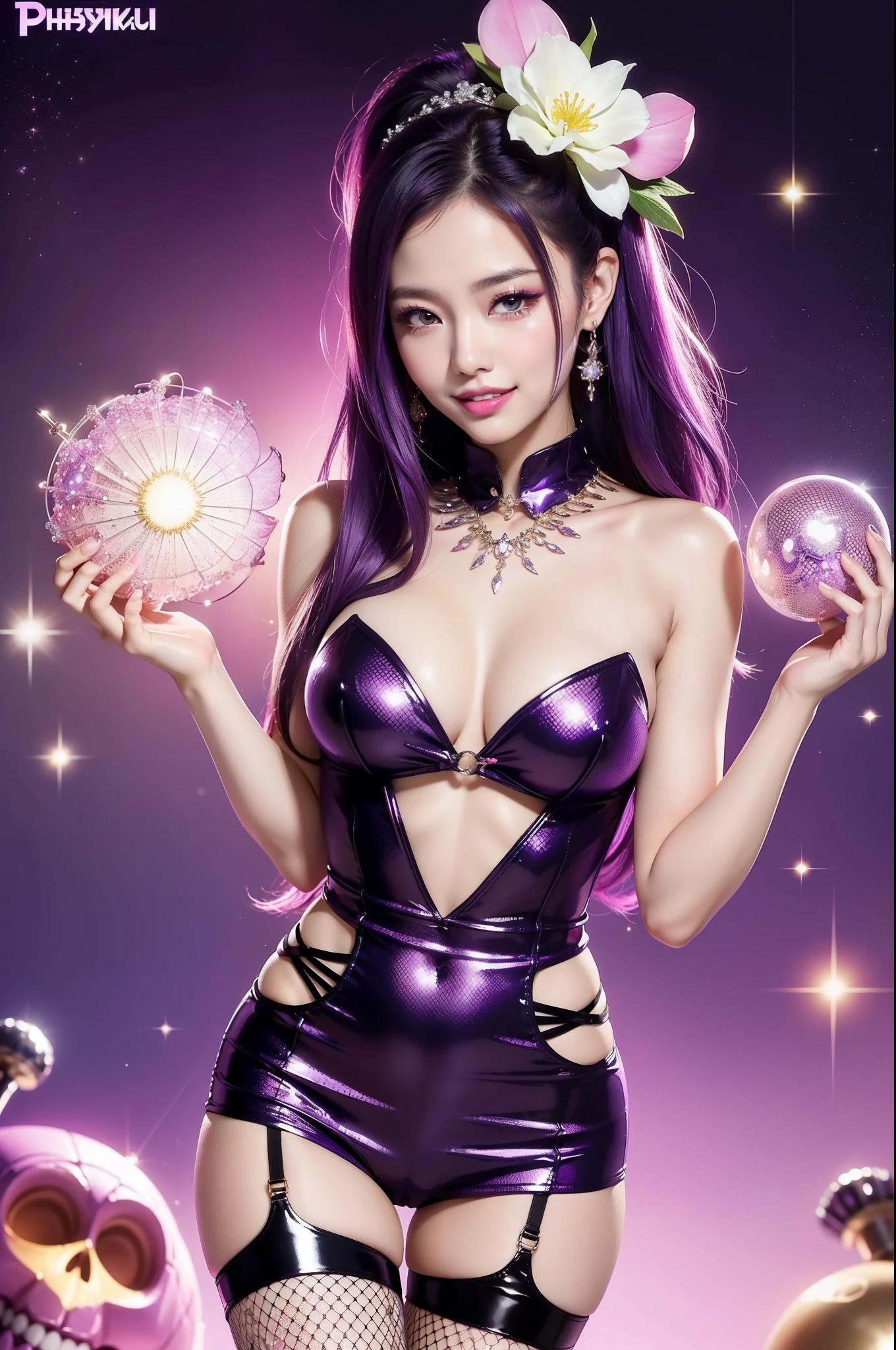 sexy Thai model who controls poison、happy smile、lipgloss、intense makeup、look at the camera、full body Esbian、、sparkling poisoned flower costume (purple)、、、、shiny sparkling multicolor hair、secrete poison、skull hair accessories、fishnet tights、shiny sparkling flowers background