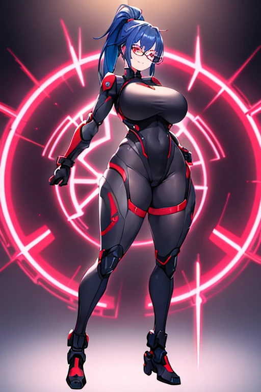 1girl, red eyes, blue hair, very short hair, ponytail, large breasts, hourglass figure, bodysuit, black bodysuit, neon, neon trim, machinery, tech, science-fiction, red glasses, futuristic, smile, standing, full body, ((full body)), ((long ponytail)), arms down, hands down, robot girl
