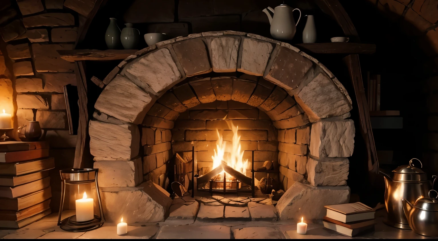 a magical hobbit fireplace, round hole, brick work, full of hobbit objects, magic ambient, cozy, incredible, 3d ambient, cup of tea, books, candles, hobbit middle-earth, the shire