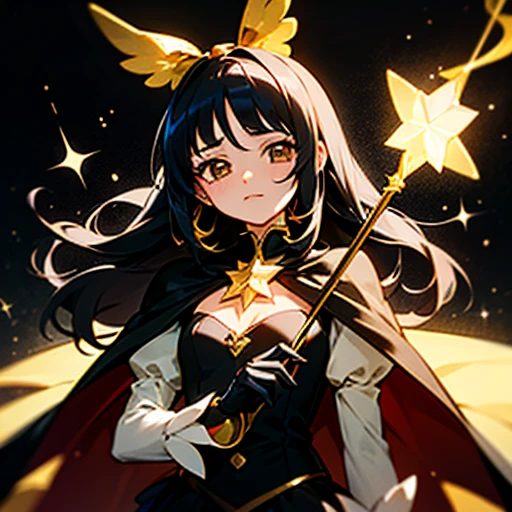 Upper body drawing, 1 Girl, 14 years old, Pretty Cure, Black, Classic costume design, Costume with a loose silhouette, A fluttery, fluffy skirt, Costumes with lots of fabric, , Tutu skirt, Big black ribbon on the chest, Puff sleeves, Golden star accessories, Black Cape, Black gloves, Black long boots, Black Hair, long hair, Golden star hair accessory, Golden Eyes, Small breasts, A dignified expression, (Hold a magic wand with a small golden star), star, looking at the camera, black cure, Biologically accurate figures, Anatomically correct, upright, Based on the laws of physics, In accordance with the laws of nature, Space motif black background, Real