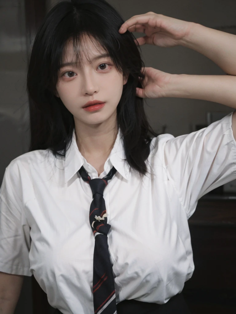 Best quality,masterpiece,ultra high res,(photorealistic:1.4),1girl,sexy,(shirt and tie:1.2),(large breast:1.3),(upper body:1.4)