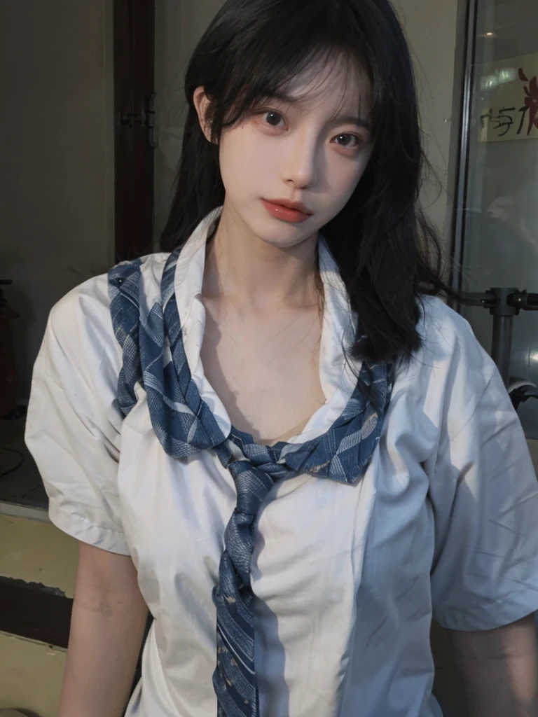 Best quality,masterpiece,ultra high res,(photorealistic:1.4),1girl,sexy,(shirt and tie:1.2),(large breast:1.3),(upper body:1.4)