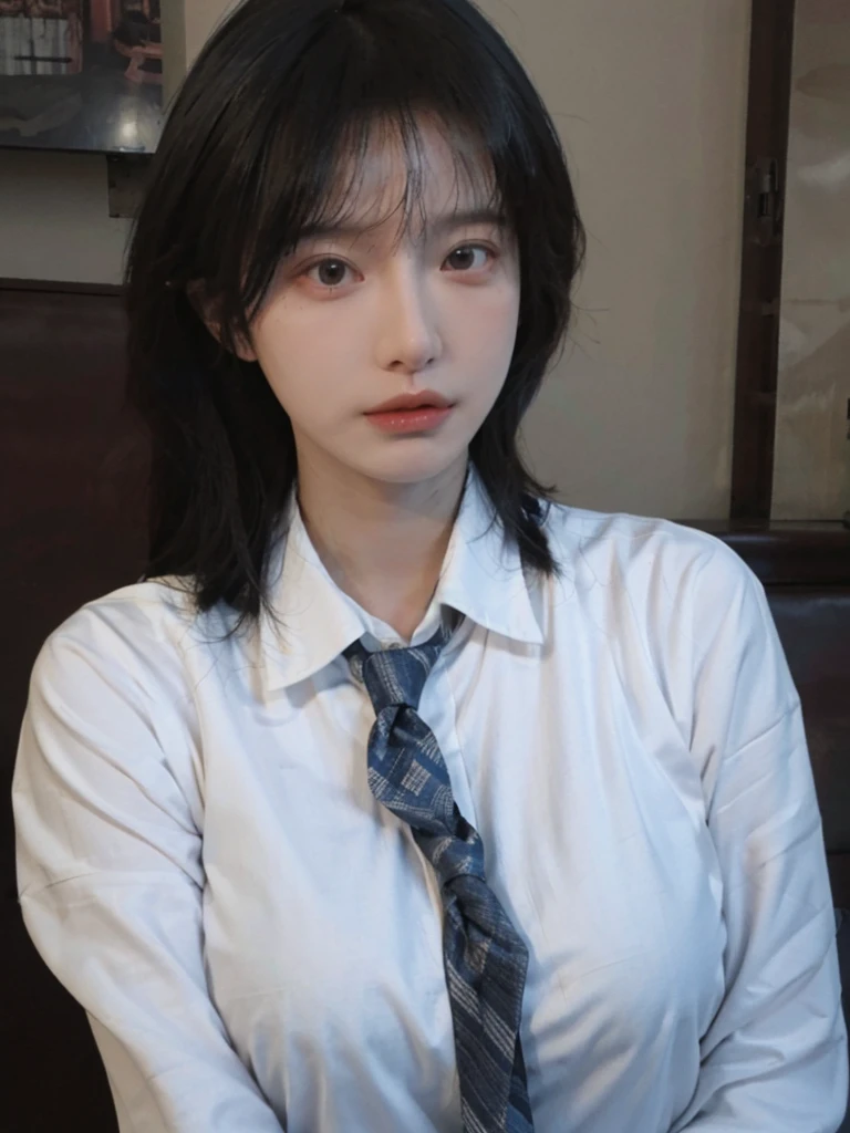 Best quality,masterpiece,ultra high res,(photorealistic:1.4),1girl,sexy,(shirt and tie:1.2),(large breast:1.3),(upper body:1.4)