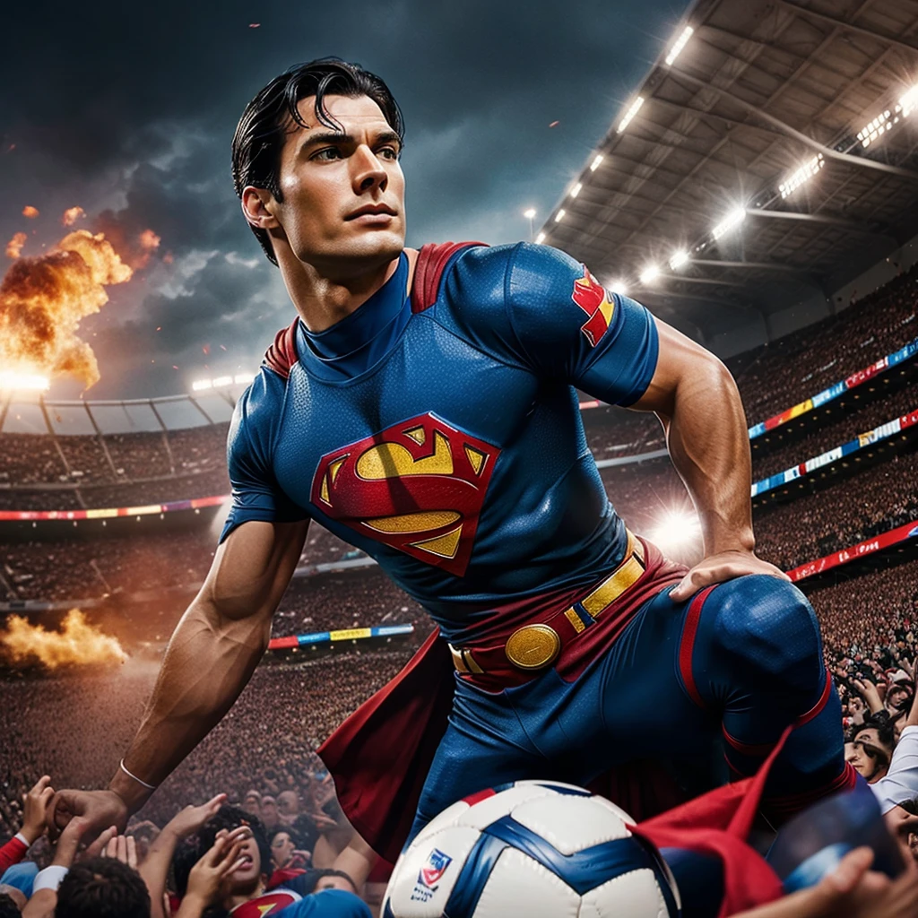 Create an image as mess the footballar as superman
