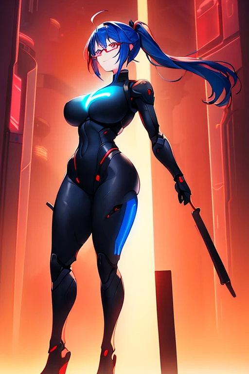 1girl, red eyes, blue hair, very short hair, ponytail, large breasts, hourglass figure, bodysuit, black bodysuit, neon, neon trim, machinery, tech, science-fiction, red glasses, futuristic, smile, standing, full body, ((full body)), ((long ponytail)), arms down, hands down, robot girl