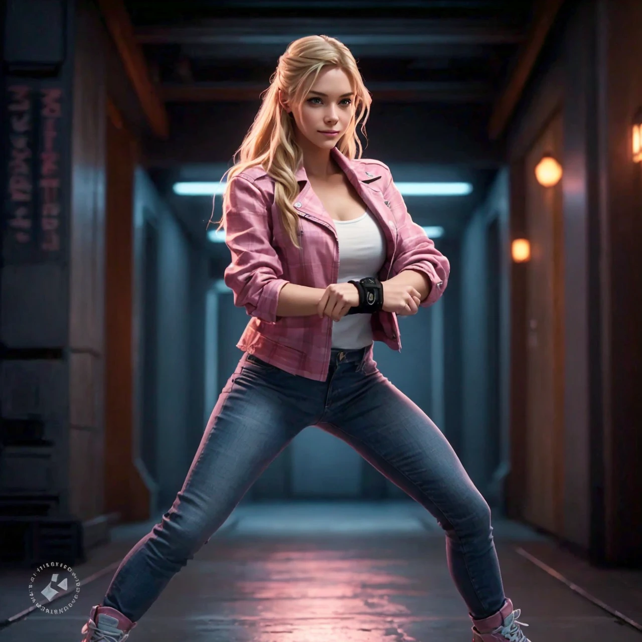 A cinematic style portrait of a blonde young woman with long hair in a pink Plaid shirt, tight blue jeans, sneakers; city park; partly cloudy; black wrist communicator; photo-realistic; 4k; 100mm; martial arts; smirk