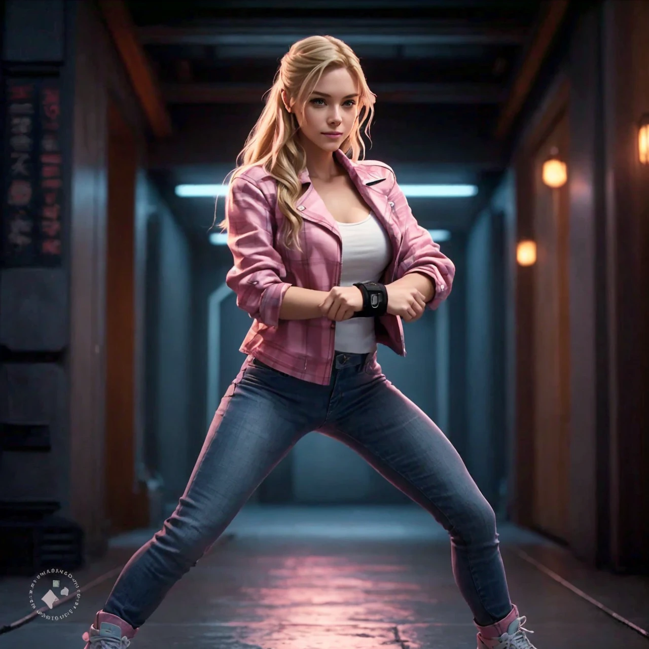 A cinematic style portrait of a blonde young woman with long hair in a pink Plaid shirt, tight blue jeans, sneakers; city park; partly cloudy; black wrist communicator; photo-realistic; 4k; 100mm; martial arts; smirk