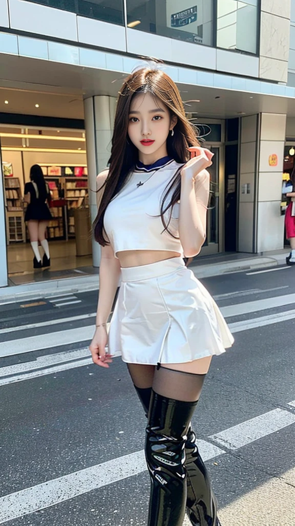 (((random composition : 1.2))), (realistic), (intricate details:1.2), (masterpiece、:1.3), (top quality:1.4), (Ultra A high resolution:1.2), Ultra A high resolution, 8K resolution, very detailed expression, (high quality), complete anatomy, natural anatomy, (full body photo:1.2), (1 korean girl), (In front of a cosmetics store), (She is Dancing femininely and sexyly : 1.4),(wearing a microphone),(She is doing promotional narration while dancing K-pop..:1.4), (Event girl dispatched for business promotion purposes : 1.6), she is 21 years old, (she is korean:1.6), (beautiful : 1.4), (brightly colored hair), (She is Narrator model : 1.4), (She is Companion : 1.4),(She is event assistant : 1.4), (big earrings), (in-ear microphone : 1.4), heavy makeup, cheerful expression, choker necklace, long legs, (The girl is wearing a slim, sleeveless racing girl uniform and a tight, shiny miniskirt.. : 1.4), (She is wearing flesh-colored shiny pantyhose under her skirt and white boots that go over her knees.. :1.4), glowing skin, passionate promotional model, friendly smile, (Making eye contact with each other :1.4), kidney practitioner, In front of the shopping mall, multiple wreaths, event roulette, signboard, event product promotion, Lots of people passing by on the street and paying attention to her., In front of the shopping mall with crowed