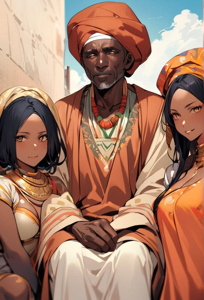 an African man sitting surrounded by 4 African women
