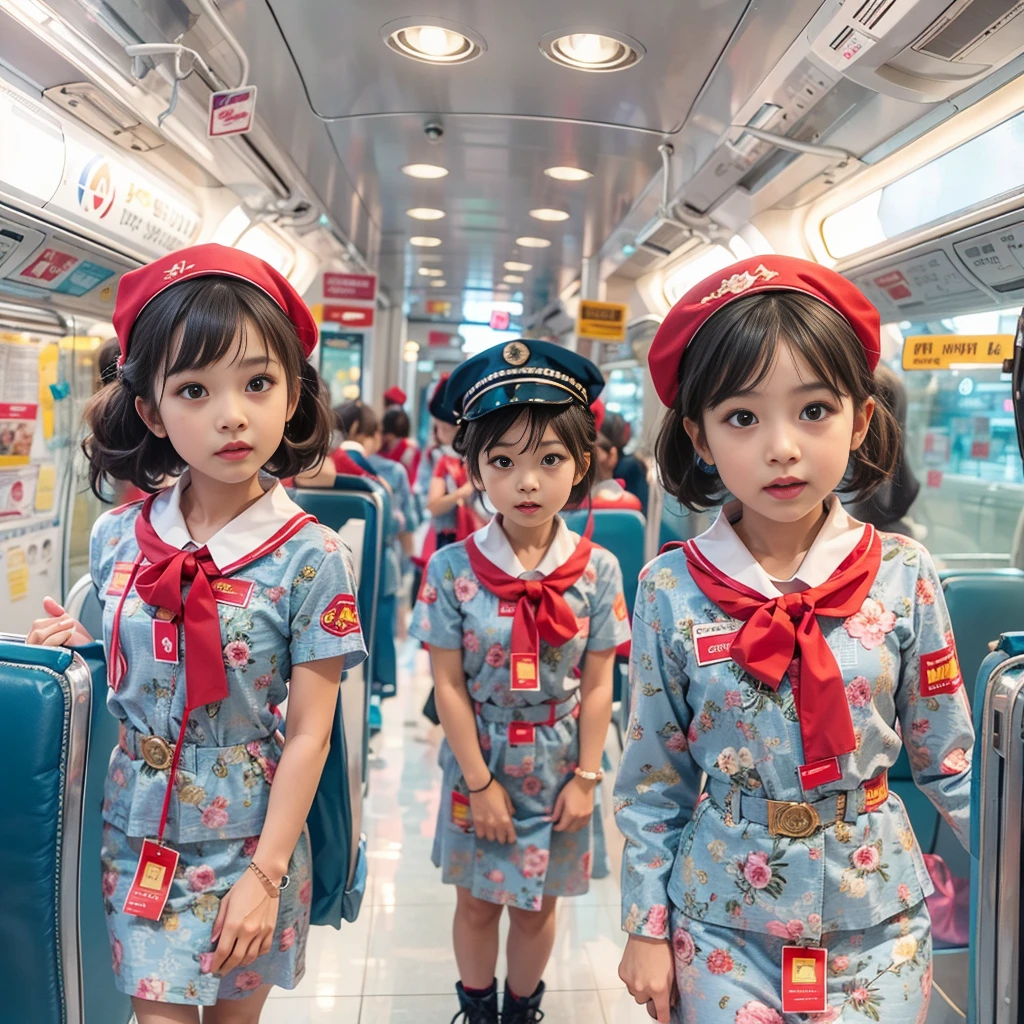 KAWAII girls in Kidzania trying on a flight attendant uniform, extremely detailed eyes and face, beautiful detailed lips, longeyelashes, intricate costume details, realistic lighting, (best quality,4k,8k,highres,masterpiece:1.2),ultra-detailed,(realistic,photorealistic,photo-realistic:1.37),professional, bright colors