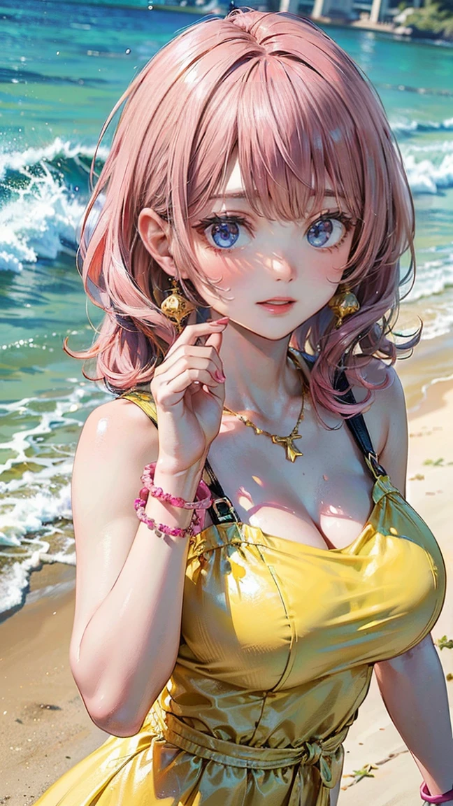(Masterpiece, BestQuality:1.3), (ultra detailed:1.2), (hyperrealistic:1.3), (RAW photo:1.2), High detail RAW color photo, professional photograph, (Photorealistic:1.4), (realistic:1.4), professional lighting, perfect anatomy, (Big Breasts:1.2), (blush, detailed face), (cheerful Smile:1.5), (Pink Hair:1.5), Trending Hair&Trending Hairカラーをランダムに, earrings, necklace, bracelet, sexly, erotic sexly, Random sexy gravure poses, (A beautiful woman in a yellow beach dress、Smiling on the beach。Colorful bracelets on her wrist。: 1.3)