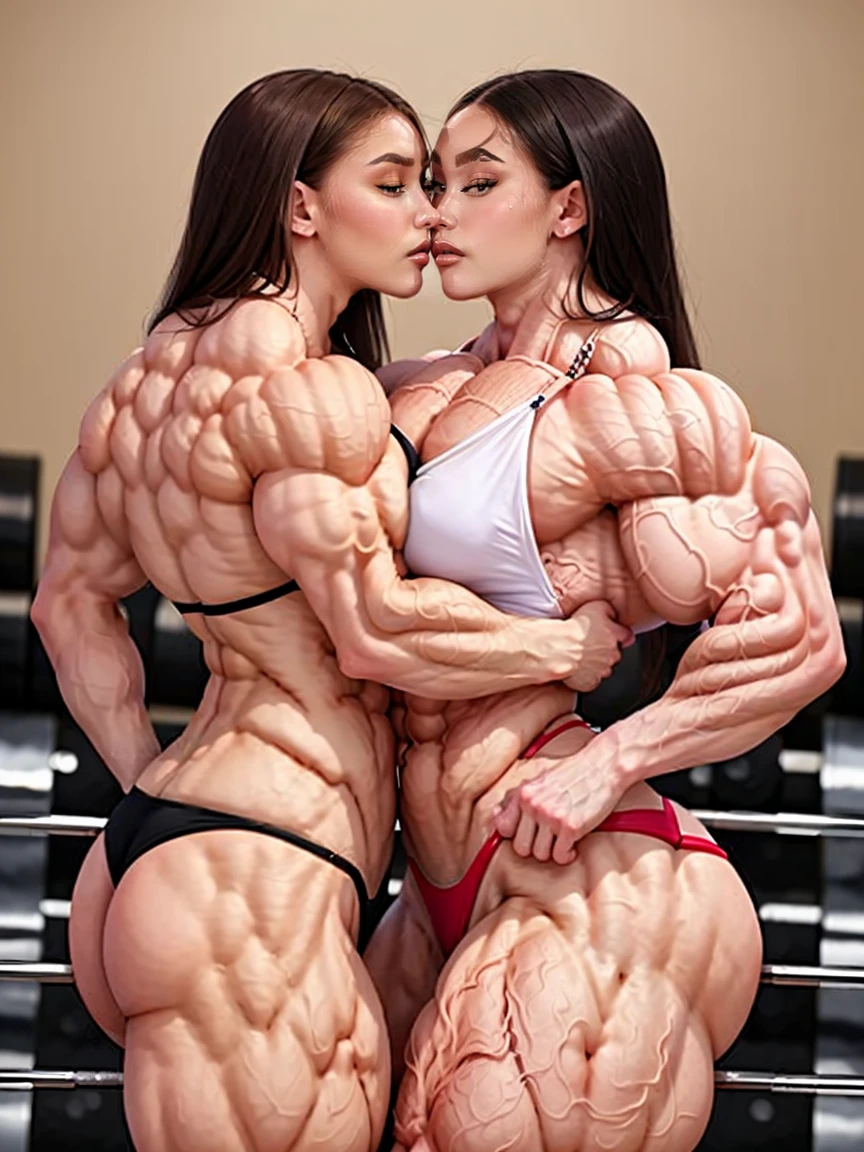 (2 girls body builders:1.6), ((masterpiece)), best quality, ultra-detailed:1.7, finely detail, high resolution:1.6, perfect dynamic composition, beautiful detailed faces:1.77, blonde babes:1.88, perfect red lipstick, perfect makeup:1.8, short denim bikini , large breasts:1.4, lovely look:1.7, gorgeous face:1.6, defined muscles:1.4, beautiful faces:1.8, alessandra ambrossio, izabel goulart, Kate Upton, Gigi Hadid, candice swanpoel ,popped out dense veins on muscles:1.8, hyper detailed picture:1.4, 8k resolution: 1.7, flex muscles:1.3, hyper muscular body shape:1.42, photorealistic:1.5, realistic:1.6, face masterpiece:1.74, good and professional lighting on picture:1.38, Ukrainian-Moroccan muscle beauty goddess, masterpiece 22 years old Ariana Grande and  Jennifer Lopez as bodybuilders, extremely high resolution, hyper feminine beauty , hyper realistic texture , extra large , hyper muscularity, hyper vascularity, ass of titanium, muscles of steel, ripped body shape, ripped sexy ass with bikini, muscular ass , topless, kissing, good face details, hyper face detailing, doing sex, super romantic moment, hyper romantic, romantic kiss, nude females, perfect symmetrical face, sexy french kiss with tongues, serious muscle posing, exaggerated muscular body, extremely shredded, flexing and posing muscles as bodybuilder, exaggerated veins on biceps