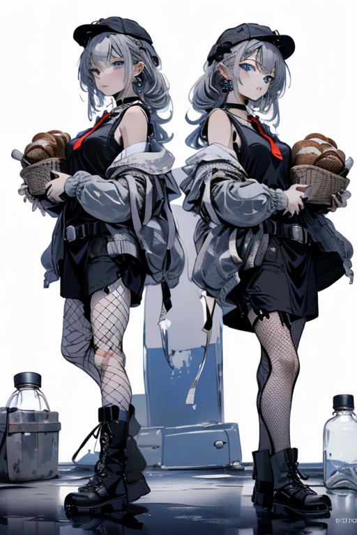 (perky chest:1.2), (pointed chest:1.2),(Pudding cake magazine cover:1.3),(from below:1.2),(shoot from the side:1.1),(((Black Tunic:1.3))),(((cakes and bread in the basket),a 23yo Cute and beautiful girl,masterpiece、highest quality、Very detailed、Beautiful fine details、Detailed landscape、Braided Ponytail、Red camisole、((B cup breasts, Tank top showing underboob:1.0)), thigh strap, bangs, necktie, earrings, nail polish, fishnet pantyhose, silver hair, looking at viewer, full body, bottle, own hands together, belt, food, ring, choker, english text paper:1.2, collared shirt, blue eyes, hat,lace-up boots ,