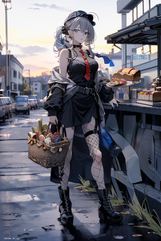 (perky chest:1.2), (pointed chest:1.2),(Pudding cake magazine cover:1.3),(from below:1.2),(shoot from the side:1.1),(((Black Tunic:1.3))),(((cakes and bread in the basket),a 23yo Cute and beautiful girl,masterpiece、highest quality、Very detailed、Beautiful fine details、Detailed landscape、Braided Ponytail、Red camisole、((B cup breasts, Tank top showing underboob:1.0)), thigh strap, bangs, necktie, earrings, nail polish, fishnet pantyhose, silver hair, looking at viewer, full body, bottle, own hands together, belt, food, ring, choker, english text paper:1.2, collared shirt, blue eyes, hat,lace-up boots ,