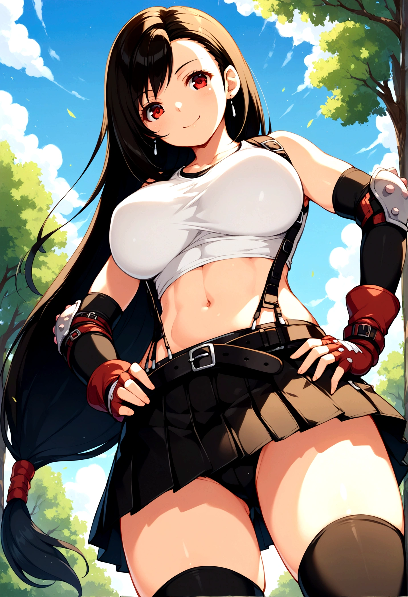 score_9, score_8_up, score_7_up,,BREAK , ,from front,front view,low angle,pov,straight-on,,standing,contrapost, ,,straight-on,Solo ,1girl, tifa lockhart, final fantasy, tareme,black hair, low-tied long hair, red eyes, bangs, (white tank top, belt, pleated skirt, thighhighs, elbow fingerless gloves, elbow pads, midriff, navel,suspender skirt) ,(large_breast),(light smile),fist,hand on own hip,daytime,outdoor,(ultra detailed),(best quality),(aesthetic,very aesthetic),UHD,extremely detailed CG unity 8k wallpaper,anime,depth of field,,,