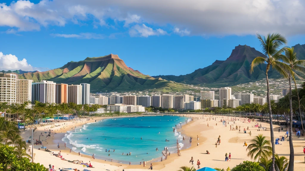 View only、Hawaii、rainbow、空にrainbowがかかっている、、Waikiki Beach、Hibiscus、sunset、Diamond Head、Hibiscus、Waikiki Beach、Realistic、High definition