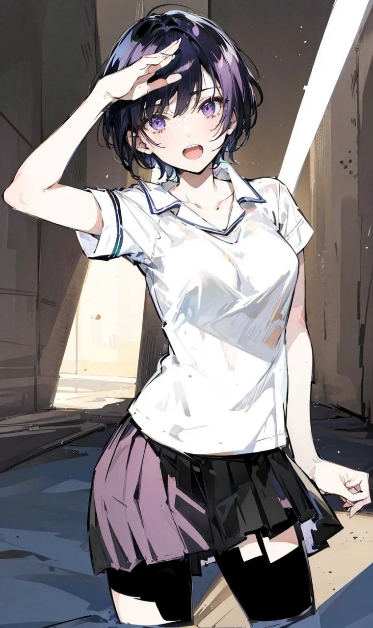 15 year old teenage anime style, clear skin, short hair, purple hair, violet eyes, small breasts, short dark green skirt, thin t-shirt