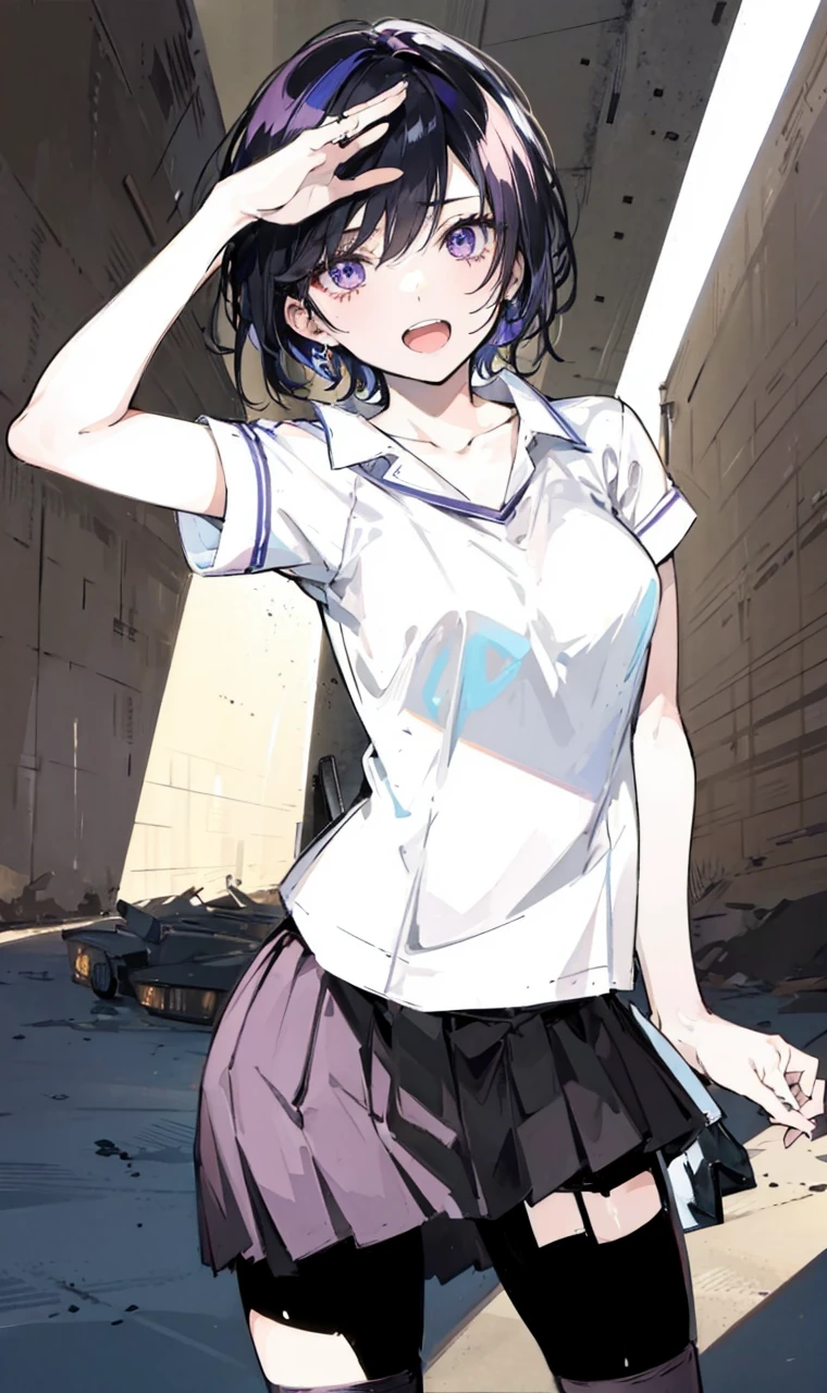15 year old age anime style, clear skin, short hair, purple hair, violet eyes, small breasts, short dark green skirt, thin t-shirt