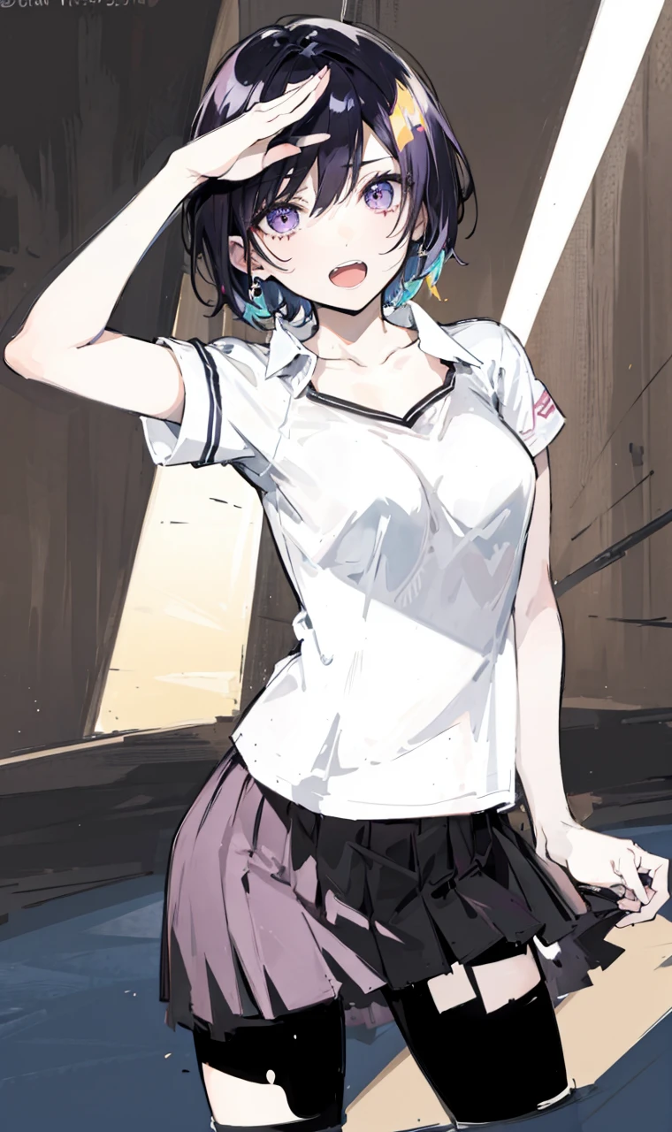 15 year old teenage  anime style, clear skin, short hair, purple hair, violet eyes, small breasts, short dark green skirt, thin t-shirt