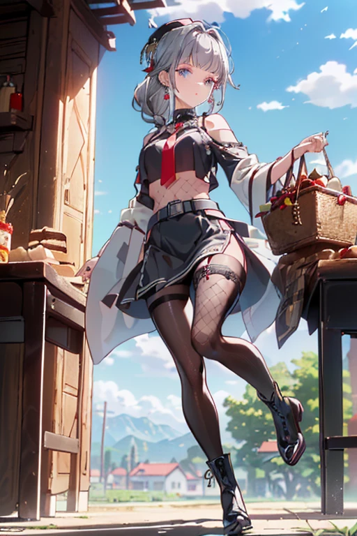 (perky chest:1.2), (pointed chest:1.2),(Pudding cake magazine cover:1.3),(from below:1.2),(shoot from the side:1.1),(((Black Tunic:1.3))),(((cakes and bread in the basket),a 23yo Cute and beautiful girl,masterpiece、highest quality、Very detailed、Beautiful fine details、Detailed landscape、Braided Ponytail、Red camisole、((B cup breasts, Tank top showing underboob:1.0)), thigh strap, bangs, necktie, earrings, nail polish, fishnet pantyhose, silver hair, looking at viewer, full body, bottle, own hands together, belt, food, ring, choker, english text paper:1.2, collared shirt, blue eyes, hat,lace-up boots ,
