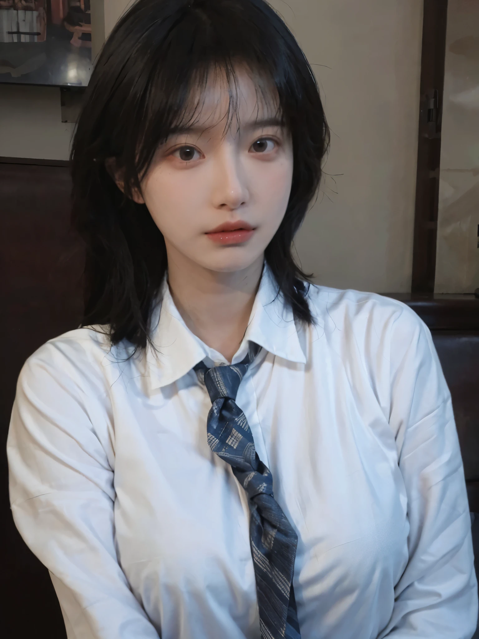 Best quality,masterpiece,ultra high res,(photorealistic:1.4),1girl,sexy,(shirt and tie:1.2),(large breast:1.3),(upper body:1.4)