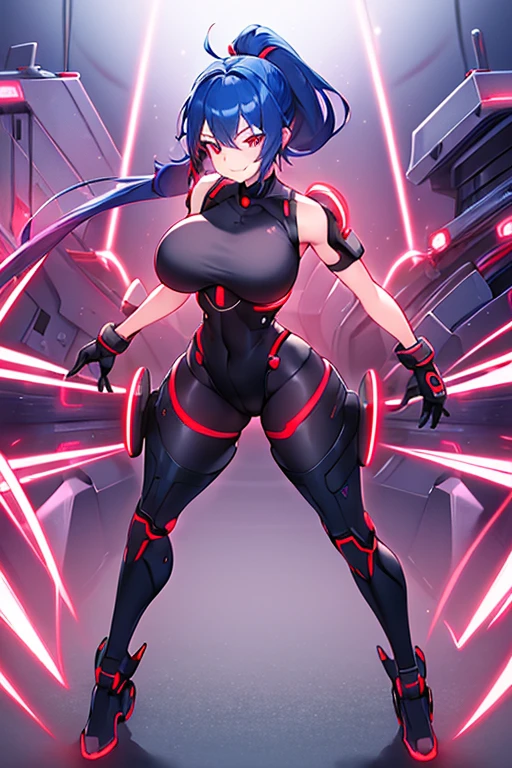 1girl, red eyes, blue hair, short hair, ponytail, large breasts, hourglass figure, bodysuit, black bodysuit, neon, neon trim, machinery, tech, science-fiction, futuristic, smile, standing, full body, ((full body)), ((long ponytail)), arms down, hands down, robot girl