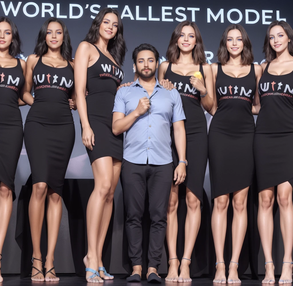 Three tall girls on the lfe left, three tall girls in the right, short man in the middle, the girls are much taller than the man, girls have big  and cleavage, girls are wearing black, man is wearing blue shirt, girls are standing barefoot, man is wearing shoes,
