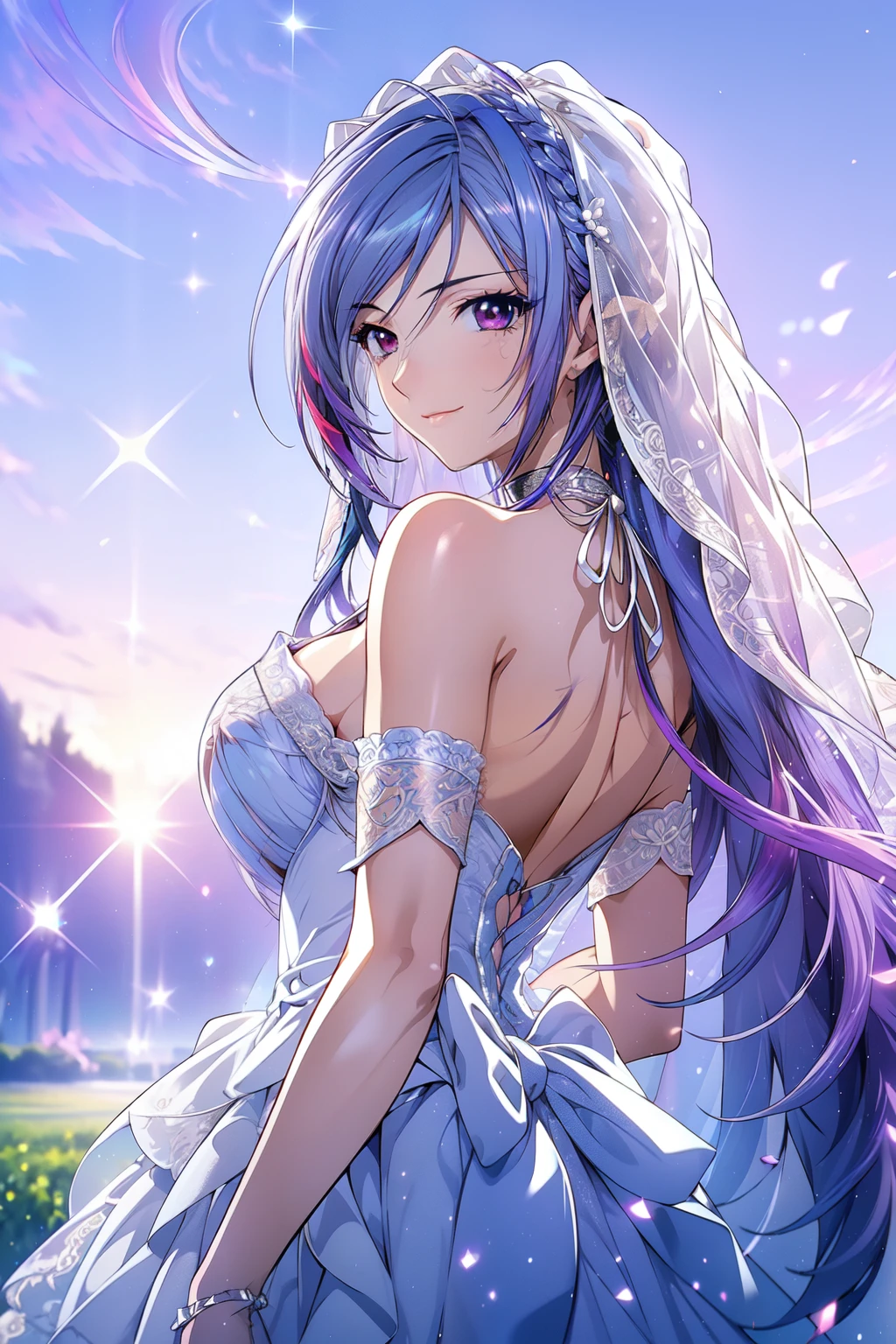 (masterpiece, best quality, beautiful and aesthetic:1.3), 1girl, solo, light smile,  (Silver blue hair streaked purple:1.4), (Gradient sky blue hair ends:1.6), hair strand, absurdly long hair, single sidelock, wavy hair, shiny hair, floating hair, (deep red eyes), delicate eyes, aqua eyes, super high detailed eyes, long upper eyelashes, makeup, Focus on face, Very detailed facial, Pretty Face, Perfect breasts, hot body, (Delicate skin texture:1.2), bridal veil, lace-trimmed dress, see-through, wedding dress, outdoors, white roses, garden, morning, standing, extreme detailed, 