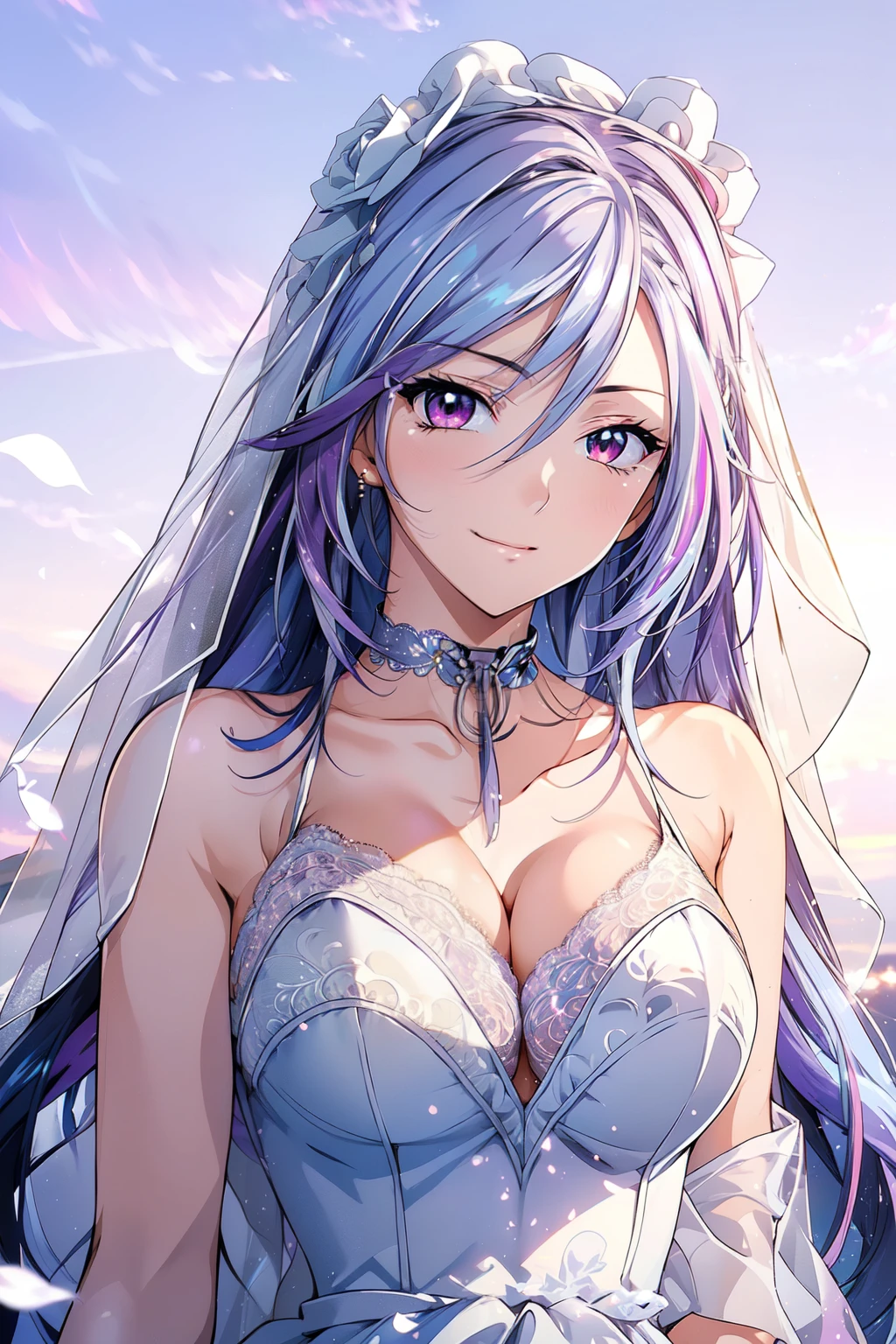 (masterpiece, best quality, beautiful and aesthetic:1.3), 1girl, solo, light smile,  (Silver blue hair streaked purple:1.4), (Gradient sky blue hair ends:1.6), hair strand, absurdly long hair, single sidelock, wavy hair, shiny hair, floating hair, (deep red eyes), delicate eyes, aqua eyes, super high detailed eyes, long upper eyelashes, makeup, Focus on face, Very detailed facial, Pretty Face, Perfect breasts, hot body, (Delicate skin texture:1.2), bridal veil, lace-trimmed dress, see-through, wedding dress, outdoors, white roses, garden, morning, standing, extreme detailed, 