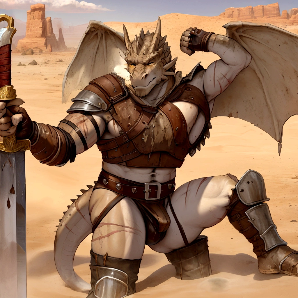 Solo Sexy young anthro scalie dragon male mercenary medieval solider, slim endomorph muscular, anthro handsome gay shorter muzzle, handsome gay model male apperance, sword scars, worn out leather skimpy armament, low on hips heavy leather belt, old very worn out skimpy dirty linen material jockstrap, old yellow dirty worn out stains on white sawn jockstrap, very visible "x" brown seam pattern on the jockstrap, studded skimpy armlets breastplate armor, skimpy breastplate, leather bondages, fingerless leather gloves, smelly unwashed husk, dirty body look, desert battlefield, standing in sexy fighting position, close view of full character