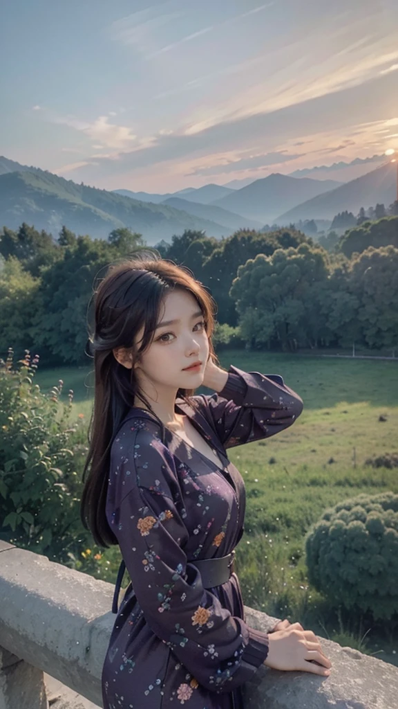 Beautiful scenery in the mountains,1girl ,with orange and purple clouds at sunset, mesmerizing and magical.