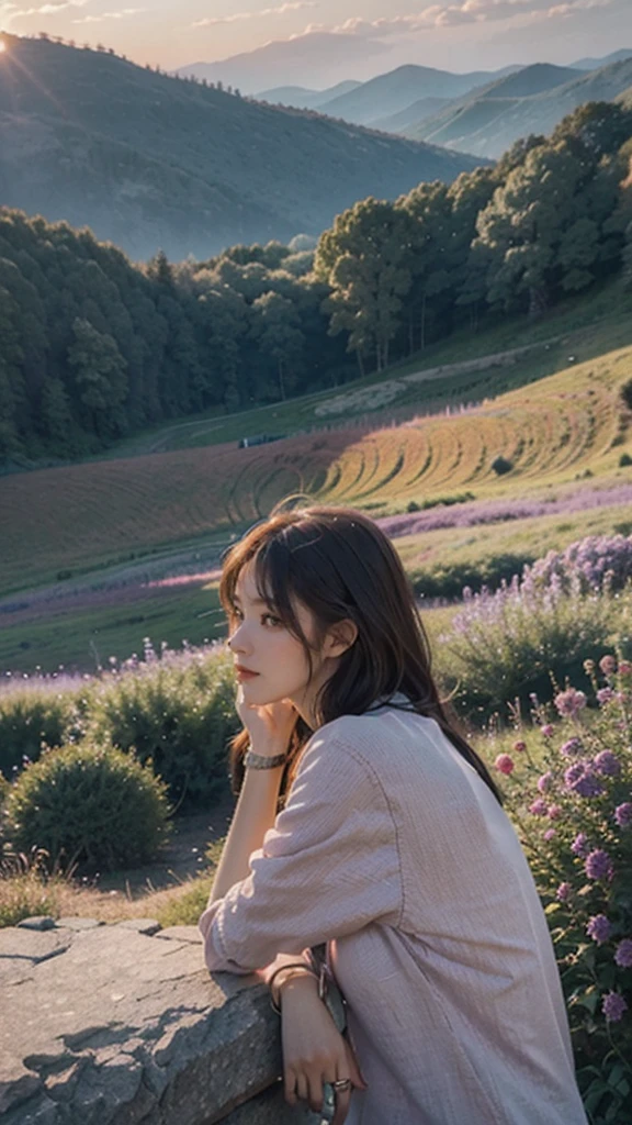 Beautiful scenery in the mountains,1girl ,with orange and purple clouds at sunset, mesmerizing and magical.