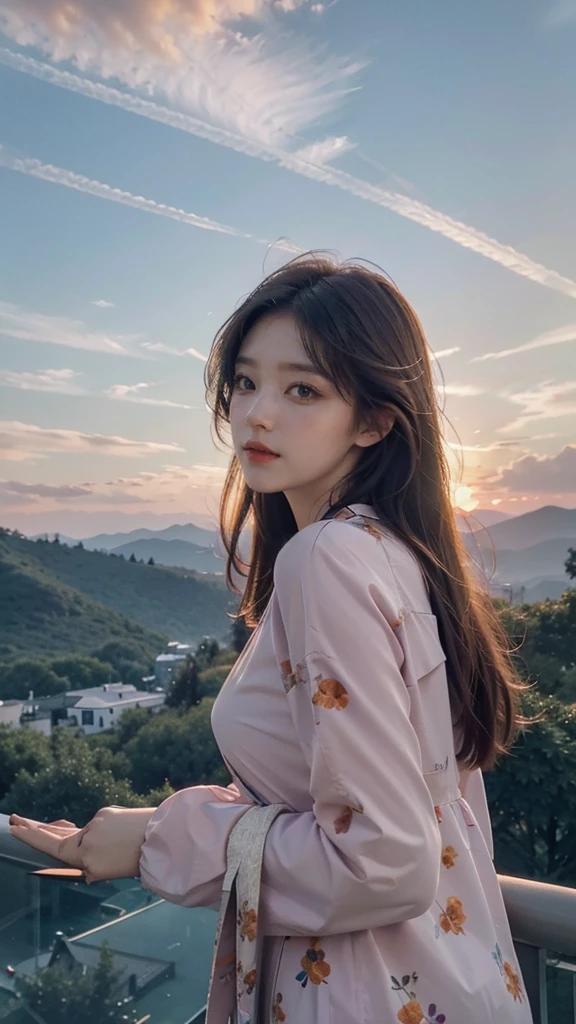 Beautiful scenery in the mountains,1girl ,with orange and purple clouds at sunset, mesmerizing and magical.