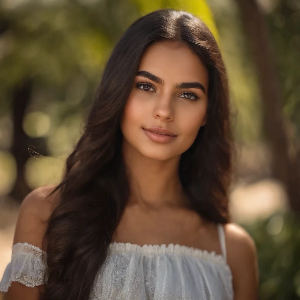 A photorealistic portrait of a 21-year-old colombian girl with long, flowing dark hair and striking dark eyes. She should have a natural, approachable expression and be illuminated by soft, golden-hour sunlight. The background should be a scenic outdoor setting, perhaps a sunlit park or beach. Capture this image with a high-resolution photograph using an 85mm lens for a flattering perspective.