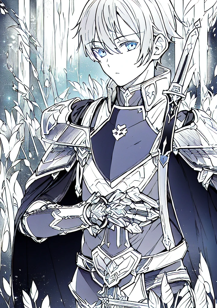 wearing shining armor, masterpiece, 4k, eugeo (sword art online), 1 boy, knight, black and white, lineart, manga, sketch art, looking at viewer, flat 2d image, no color, holding a sword