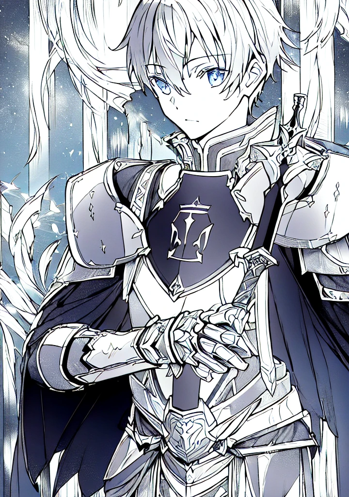 wearing shining armor, masterpiece, 4k, eugeo (sword art online), 1 boy, knight, black and white, lineart, manga, sketch art, looking at viewer, flat 2d image, no color, holding a sword