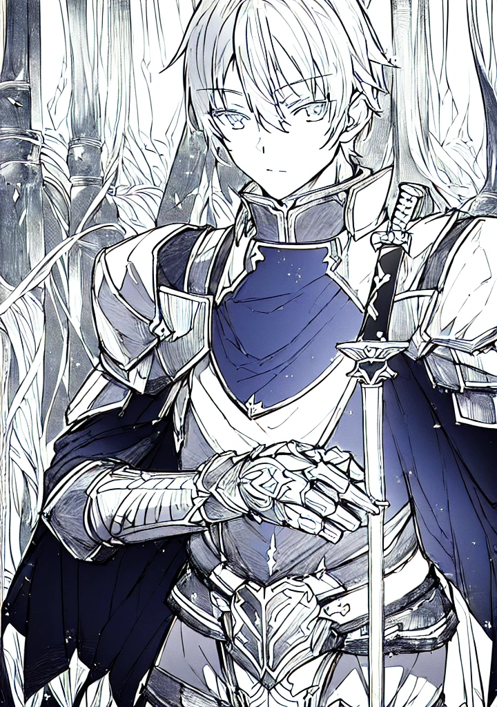 wearing shining armor, masterpiece, 4k, eugeo (sword art online), 1 boy, knight, black and white, lineart, manga, sketch art, looking at viewer, flat 2d image, no color, holding a sword