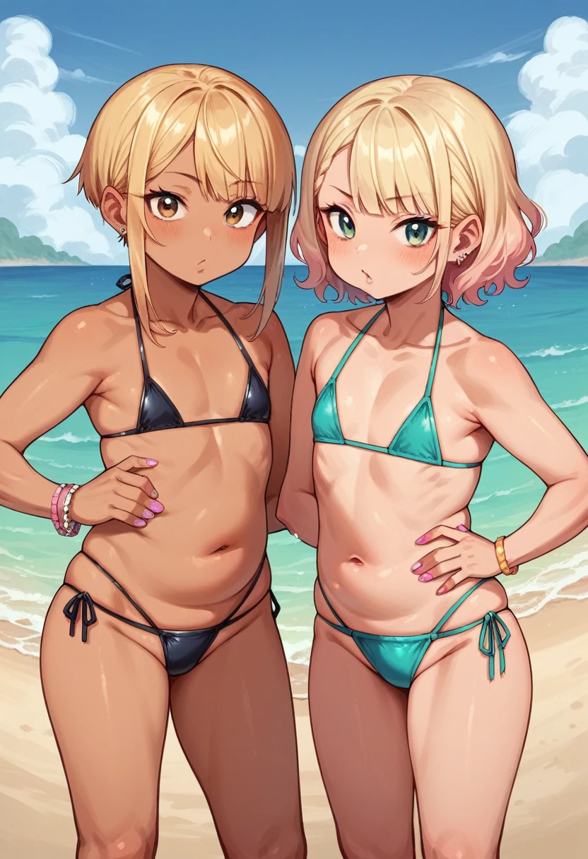 (2girl,young 2girl ,short stature,gyaru)) ,flat chest,nsfw,plump,((hip hang miclo bikini)),,beach,stand,big head